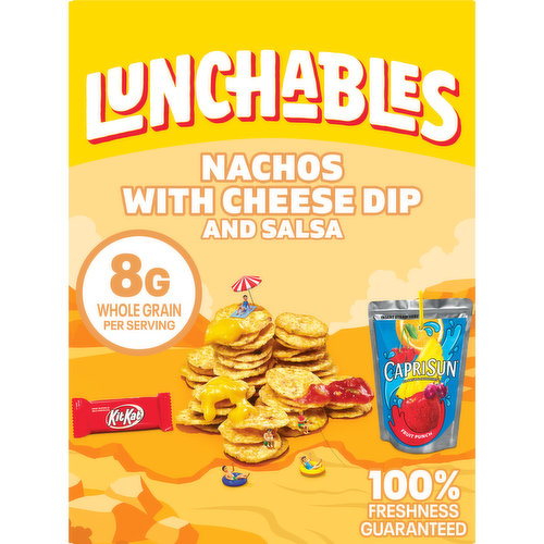 Lunchables Nachos Cheese Dip & Salsa  Lunch Combinations are the perfect choice for an on-the-go lunch while letting kids have fun with their food. Each convenient lunch kit includes tortilla chips, salsa and Kraft nacho cheese dip along with a Capri Sun Fruit Punch Juice Drink, and a Kit Kat candy bar for dessert. Every nacho chips and salsa kit is a fast and fun option for school lunch, picnics, or on-the-go snacking. It provides an excellent source of calcium, see nutrition information for fat, saturated fat and sodium content. Each chip and dip kit comes packaged in a sealed lunch tray with individual sections for each ingredient. Keep Lunchables Nachos refrigerated.