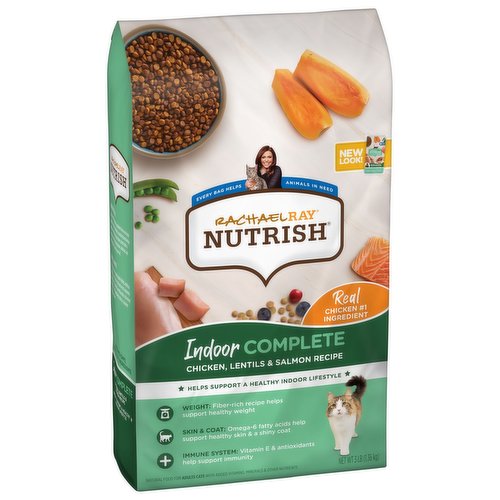 Calorie content (calculated): metabolize energy (me) 3520 kcal/kg; 375 kcal/cup. Rachael Ray Nutrish Indoor Complete Chicken, Lentils & Salmon Recipe cat food is formulated to meet the nutritional levels established by the AAFCO (Association of American Feed Control Officials) Cat Food Nutrient Profiles for adult maintenance.