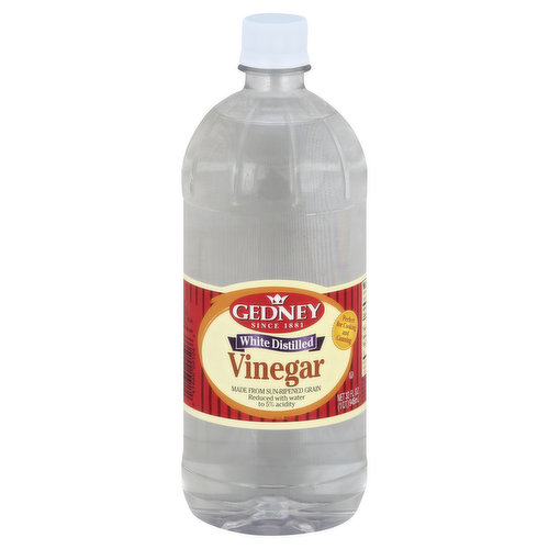 Made from sun-ripened grain. Reduced with water to 5% acidity. Perfect for cooking and canning. Since 1881. Include code No. on jar when writing us. www.gedneyfoods.com. White vinegar is useful for cleaning too! 5% acidity vinegar will remove the mineral buildup in your coffee maker. Just pour full strength vinegar into the coffee maker, run full cycle. Rinse by running one full cycle with plain water.