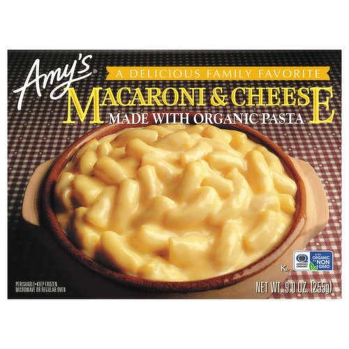 A delicious family favorite. Microwave or regular oven. Amy's loves pasta- and the rest of us do, too. So Amy's Kitchen began to search for a great-tasting pasta dish that, like our pot pies, would be easy to prepare and popular with both children and adults. We decided on another traditional favorite, Macaroni and Cheese, made with organic macaroni in a smooth cheese sauce. We're sure you're going to enjoy this delicious, convenient dish from Amy's kitchen. From our home & yours. Family owned since 1987. After the birth of our daughter Amy in 1987, we found there was little time to prepare the quality homemade food we normally ate. Realizing there were others like ourselves, we started Amy's Kitchen to prepare delicious meals for those who care about the food they eat but are often too busy to cook. We use only the finest ingredients and prepare them with the same careful attention in our kitchen as you would in your own home. No meat, fish, shellfish, poultry, eggs or peanuts are ever used in any Amy's products.