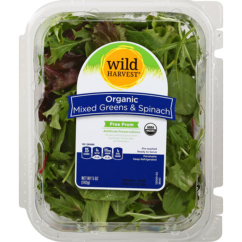 Per 1 Container: 35 calories; 0 g sat fat (0% DV); 135 mg sodium (6% DV); 1 g total sugars. USDA Organic. Certified Organic by CCOF. Pre-washed. Ready to serve. Free from: artificial preservatives; grown without persistent; synthetic pesticides or fertilizers. Thoroughly washed. Ingredients may vary. mywildharvest.com. Please recycle. Produce of USA.