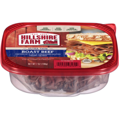 Enjoy premium deli style sliced roast beef at home with Hillshire Farm Ultra Thin Roast Beef Lunch Meat. Made with slow cooked beef and no artificial flavors, our deli lunch meat is juicy, flavorful and 95% fat free. Serve these fully cooked slices on a platter with cheese, in your favorite salad or to make a delicious sandwich. This 7 oz package is double sealed for absolute freshness.