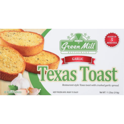 8 Thick Slices. Restaurant-style Texas toast with crushed garlic spread. EST. 1935. Ready in 5 minutes. greenmillfoods.com To the customer: Questions or comments? Contact us at: info(at)greenmillfoods.com. Retain carton and plastic wrap, write to: Green Mill Foods 1342 Grand Avenue, Suite 200 St. Paul, Minnesota 55105. Check out our complete line of make-at-home foods at greenmillfoods.com.