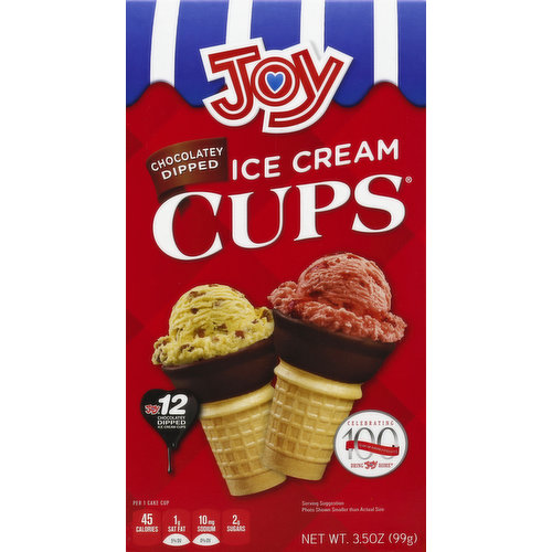 Per 1 Cake Cup: 45 calories; 1 g sat fat (5% DV); 10 mg sodium (0% DV); 2 g sugars. No peanuts or tree nuts are processed in our facility. Celebrating 100 years of baking excellence. Bring Joy home. Since 1918. These delicious cups are baked by people who have practiced the art of cone baking for one hundred years. www.joycone.com. Questions/Comments? Write: 3435 Lamor Rd., Hermitage, PA 16148. Visit: www.joycone.com/contact-us. Call: 1-800-242-2663. Please have package available. Visit our website at www.joycone.com. Try some of our other delicious joy cones & cups! Joy Color Cups. Joy Mini Cups. Joy Waffle Cones. Certified 100% recycled paperboard. Product of USA.