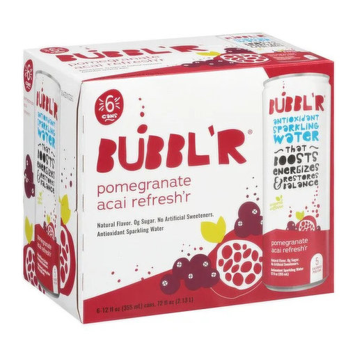 BUBBL'R Antioxidant Sparkling Water - pomegranate acai refresh'r - 6 pk/12 fl oz. Cans