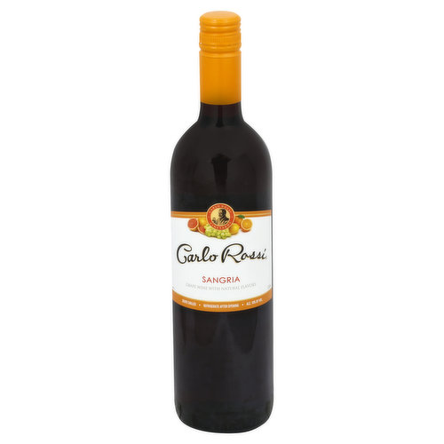 Wine specialty beverage. Our Carlo Rossi Sangria is a medium-bodied wine distinguished by its bright, fruity taste. Citrusy notes of orange, lemon and grapefruit are specially refreshing. www.carlorossi.com. Alc. 10% by vol. Vinted & bottled by Carlo Rossi Vineyards, Modesto, California.