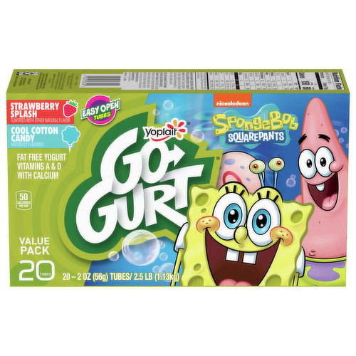 Go-Gurt Yogurt, Fat Free, Strawberry Splash/Cool Cotton Candy, Spongebob Squarepants, Value Pack