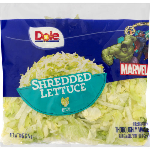 Iceberg lettuce. Preservative. Thoroughly washed. The simple flavor of iceberg can enhance almost any dish. This convenient topper is a must-have for tacos - try it on burgers, sandwiches, and wraps too. Satisfaction guaranteed. Dole.com. Facebook. Twitter. Pinterest. Instagram. Connect! (hashtag)Dole. Questions? Comments? Visit Dole.com or call us at 1-800-356-3111. Learn more at MarvelCheck.com. The perfect complement. Visit Dole.com for dozens or great recipe ideas! Produce of USA.