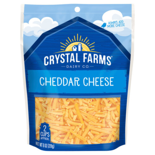 Always add more cheese. Crystal Farms for farm and family. At Crystal Farms, we source from dairy farmers across the Midwest to help them and the co-ops they are a part of, thrive. We believe sourcing from family-owned dairy farms helps us deliver the quality cheese your family deserves. Learn more about our support of Farm and Family at crystalfarmscheese.com. With the purchase of this product, you are joining the Crystal Farms family and supporting farm families throughout the Heartland.