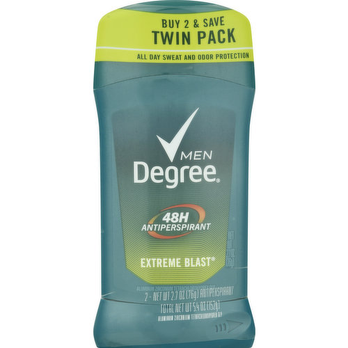 Aluminum zirconium tetrachlorohydrex gly. Buy 2 & save. All day sweat and odor protection. Degree Men Antiperspirant. Our unique body heat activated formula provides long lasting protection all day long. It instantly responds to changes in your body temperature to help you stay dry as you do more. It won't let you down. DegreeMen.com. (at)DegreeMen. Questions? Call-toll-free 1-866-344-7331. Made in USA.