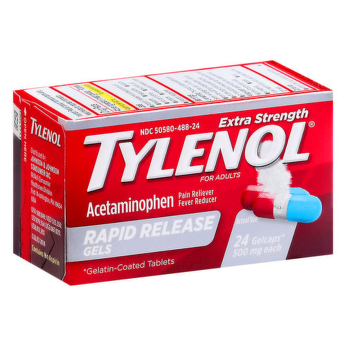 In Each Gelcap Other Information: Store between 20-25 degrees C (68-77 degrees F). Avoid high humidity; do not use if carton is opened. Do not use if foil inner seal imprinted with Tylenol is broken or missing. Important: Read all product information before using. Keep this box for important information. Acetaminophen. 24 gelcaps (gelatin-coated tablets). www.tylenol.com. Questions or comments? Call 1-877-895-3665 (toll-free) or 215-273-8755 (collect).
