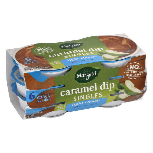 75% less fat than regular caramel dip. No high fructose corn syrup. Light caramel dip contains 1.5 g of fat per serving. Regular caramel dip contains 6g of fat per serving. 1896. No artificial colors. No high fructose corn syrup. Not for sale in California. Go anywhere! Snack at home. Savor at work. Fresh for school. Play then dip. www.marzetti.com. Questions or comments? www.marzetti.com. 1-800-999-1835.