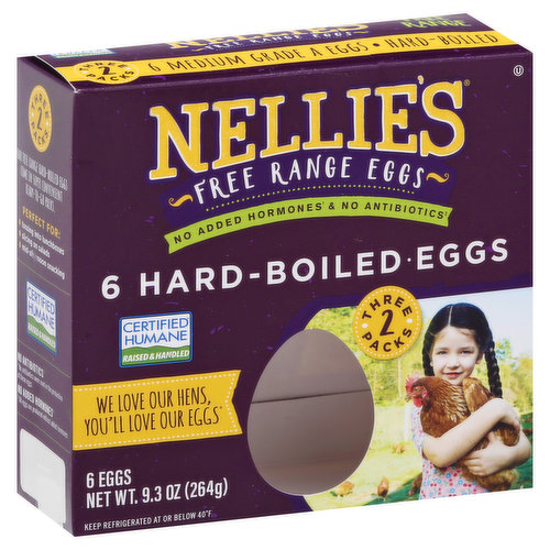 Three 2 packs. Each egg contains 50 mg of omega-3. 100% vegetarian feed & outdoor for age. Free range eggs. No added hormones (all eggs are produced without added hormones) & no antibiotics (no antibiotics were used in the product of these eggs). We love our hens, you'll love our eggs. Our free range hard-boiled eggs come in super convenient ready-to-go packs. nelliesfreerange.com. follow us: Facebook. Instagram. Twitter. Want to connect with us? email: kindnesscrew(at)nelliesfreerange.com. Toll free: 877-476-6384. Certified B Corporation. Certified Humane. Raised & handled. Product of the USA.