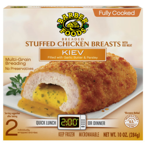 For a delicious entree that is easy to prepare, Barber Foods Breaded Raw Stuffed Chicken Breasts Kiev are perfect for any night of the week. We start with a combination of garlic butter and parsley, wrap it all in savory, boneless chicken and add crispy golden brown breading. With 20 grams of protein per serving, these frozen stuffed chicken breasts with rib meat are easy to prepare in the oven. For a tasty meal the whole family will enjoy, prepare and serve with a side of roasted vegetables. Includes one 30 oz package of 6 individually wrapped breaded raw stuffed chicken breasts Kiev. With unmatched flavor and quality, Barber Foods provides the best of everything, and that's been our pledge since we started our business in 1955. Bring Barber Foods stuffed chicken to the table tonight and you’ll find it’s an instant family favorite that’s perfect for every night of the week.