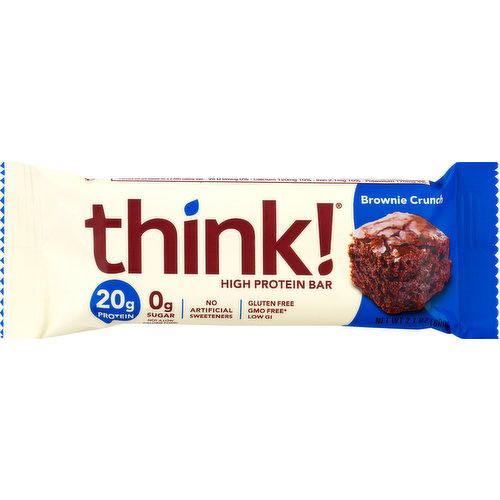 20 g Protein. 0 g Sugar. Certified Gluten-Free by GFCO. Low GI. No artificial sweeteners. Not a low calorie food. GMO free (All ingredients have been produced without genetic engineering). I think I can. GI Labs Tested. www.thinkproducts.com.