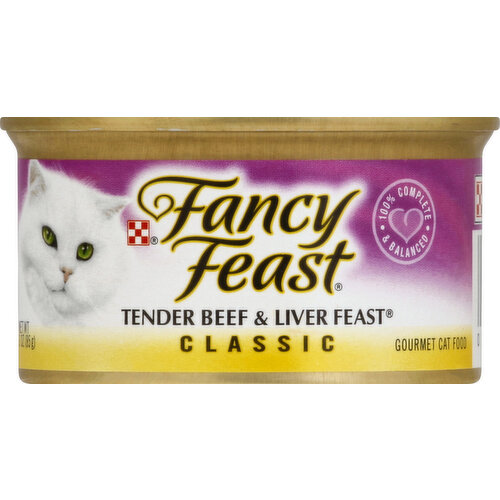 100% complete & balanced. Recyclable aluminum. Purina.com. Fancy Feast Classic Tender Beef & Liver Feast is formulated to meet the nutritional levels established by the AAFCO Cat Food Nutrient Profiles for all life stages. Calorie Content (calculated) 1138 kcal/kg 97 kcal/can. Please recycle. Printed in USA.