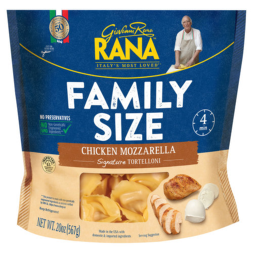 Giovanni Rana's Chicken & Roasted Garlic Ravioli is made with chicken breast and oven roasted garlic wrapped in thin pasta. Using high quality ingredients and no preservatives, no powdered eggs, no gums, no hydrogenated fats, and no artificial flavors or colors Giovanni Rana's pasta makes a wonderful choice for meals. Preparing our ravioli in three easy steps:
1. Boil 4 quarts of water. Reduce heat to a gentle boil. Add a pinch of salt.
2. Add pasta. Do not separate uncooked pasta if it sticks together. It will naturally separate while cooking. Cook for 3 minutes and drain. Add 1 minute for a softer bite.
3. Enjoy the wonderful flavors of my fillings as we do in Italy. Toss in melted butter or extra virgin olive oil and top with freshly grated cheese. No preservatives No artificial flavors or flavors No powdered eggs