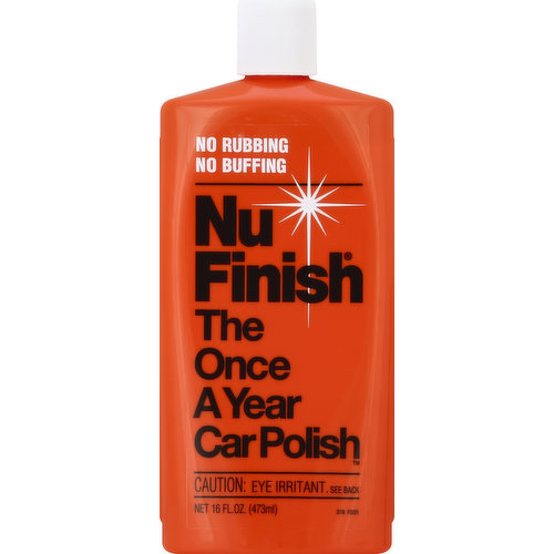 No rubbing. No buffing. Independent tests have proven that Nu Finish will bead, shine and protect for a whole year - even after 52 automatic car washes! Nu Finish contains absolutely no wax. It won't scratch your clear coat finish. It's so amazing you can even apply it in direct sunlight. There's no other formula like it! It's guaranteed! All-weather protection even against road chemicals and oxidation. Other Uses: fiberglass boats, RV's and motorcycles. Also polishes chrome surfaces. Money Back Guarantee: Guaranteed to shine and last longer than any other car polish or treatment, regardless of price, or return unused portion to place of purchase for full refund. www.nufinish.com. Made in USA.