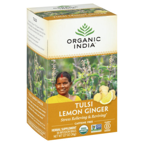 Organic India Herbal Supplement, Tulsi Lemon Ginger, Caffeine Free, Infusion Bags