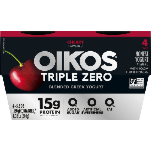 Oikos Triple Zero Yogurt, Cherry Flavored, Nonfat, Blended Greek