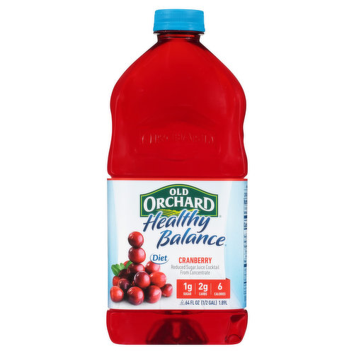 Cranberry Reduced Sugar Juice Cocktail from Concentrate Healthy Balance has 1 gram sugar, 2 grams carbs and 6 calories.
100% cranberry juice has 27 grams sugar, 29 grams carbs, and 120 calories. www.oldorchard.com 1-800-330-2173 Healthy Balance offers the great taste and refreshment of your favorite Old Orchard juice with less sugar and fewer calories.; At Old Orchard, we understand the importance of keeping life in a healthy balance. Our delicious and refreshing line of reduced sugar and low calorie juice cocktails are sweetened with sucralose and are a perfect fit for an active, healthy lifestyle.