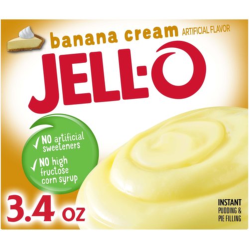 Something sweet to smile about, Jello Banana Cream Instant Pudding & Pie Filling Mix tastes delicious whether you enjoy it as a treat or use it as an ingredient in your favorite dessert recipes. Fun to make with your kids, our banana cream pudding is also perfect for pie filling. You'll feel good about serving our instant banana Jello pudding that contains no artificial sweeteners or high fructose corn syrup. Our banana cream pudding is ready in as little as five minutes. Simply stir milk into the banana pudding mix and allow to set. The entire family will appreciate how quickly you can prepare a delicious banana flavored dessert. Every 3.4-ounce box of Jello banana cream pudding mix comes individually packaged in a sealed pouch for freshness.