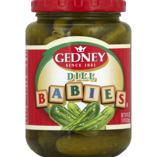 Since 1881. Uncommon quality from people who care. Include code No. on jar when writing us. www.gedneyfoods.com. No baby pickle is smaller or crunchier! Compare this jar to any other brand of baby pickles. Nobody packs smaller, crunchier babies than Gedney! We pick only the teeniest, tiny baby cucumbers. So small they haven't been toughened by life. So small they have to be harvested by hand (not by machine). Gedney Babies, for people who love extra crunchy little pickles you can eat in one or two bites - with no leftovers!