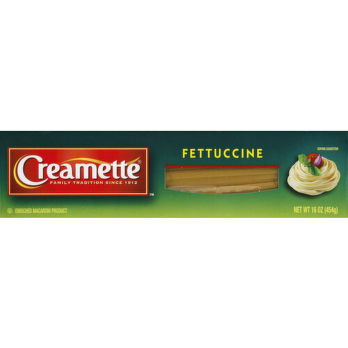 Enriched macaroni product. Family tradition since 1912. A low fat, sodium free, cholesterol free food. For generations, Creamette pasta has been at the heart of countless family meals. As long as families continue to gather around the dinner table, Creamette will continue to make pasta from the highest quality ingredients, making your traditional family recipes taste just like you remember. For delicious recipes and cooking tips visit www.creamette.com. Questions or comments, visit our web site or call 1-800-730-5957. Contents may settle. Product sold by weight not volume.