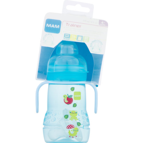 4+ months. 220 ml. With split-free nipple & extra soft spout for easy transition from breastfeeding or bottle to cup. Non-slip handles fit MAM bottles & trainer. Extra soft spout. Skinsoft silicone. MAM nipple included.  Developed with Medical Experts: International Children Medical Research Society: Scientific Panel of BAMED AG. www.icmra.org. Teamwork with medical experts for maximum safety. Only after approval by medical experts is a MAM innovation ready for baby life.  Wide Opening: Easy filling & cleaning. Dust Cap: Protects from dirt. Also works as measuring cup thanks to integrated scale.  Handles: Non-slip handles are easy for babies to hold.  Instructions inside. Please keep instructions for future use. Nipple and spout fill all MAM bottles and the trainer. Handles fit all MAM bottles and the trainer (except MAM Easy Start 130 ml). Single components are not compatible with drinking systems of other manufacturers. The product meets the requirement of European Standard EN 14350. mambaby.com. For more information, please contact: MAM USA Corporation 2700 Westchester Avenue, Suite 315, Purchase, NY 10577. Toll Free: 866-949-1174. BPA BPS free (BPA/BPS free: All MAM products are made from materials free of BPA and BPS (BPA free in accordance with regulation (EU) no. 321/2011). Made in Europe. Made in Austria/Europe.
