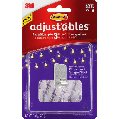Contains: 14 clips, 30 strips. Holds 0.5 lb (225 g). New! Reposition up to 3 times (Adjust as needed, up to 3 times in the first 20 minutes). Damage-free. Great for temporary seasonal decor, string lights & other lightweight items. Tips: No. 1: void touching the adhesive. No. 2: Wait 7 days after painting before use. No. 3: use on clean, dry & smooth surfaces. For best results wipe wall with rubbing alcohol. Package contains enough strips to use each clip twice. Clips can reused with Command Adjustables 0.5 lb Refill Strips! Remove used strip before each new use. command.com/howtouse. Clips made in Mexico. Strips made in USA.