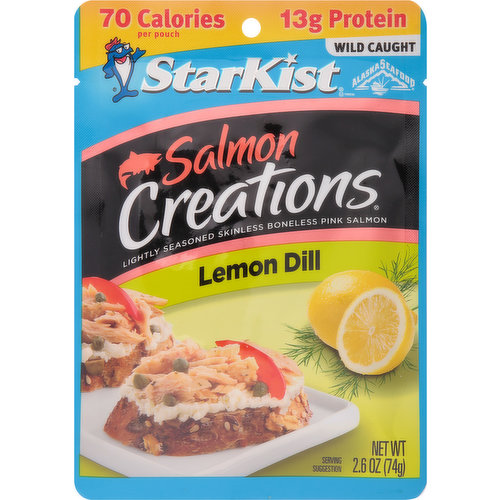 Lightly seasoned skinless boneless pink salmon. 70 calories per pouch. 13 g protein. Gluten free. Soy free. Omega 3s (For more information on Omega 3s, visit www.StarKist.com). Alaska seafood. Flavor fresh pouch. Fresh citrusy lemons and dill come together for one zesty food soirée (pardon our French!), hosted by our wild caught pink salmon. These flavors are mingling and are ready to be topped on a salad or eaten right out of the Flavor Fresh Pouch. Just tear, eat and go!. www.StarKist.com. Find all of our flavors & great recipes at www.StarKist.com. Questions or Comments? Call 1-800-252-1587 Mon-Fri. Refer to code number on pouch. Creations More than 20 varieties!. Tuna: Lemon pepper. Sweet & Spicy. Salmon: Mango chipotle. Lemon dill. Chicken: Teriyaki. Zesty lemon pepper.