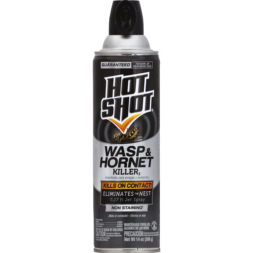 Kills on contact! Eliminates the nest. Up to 27 ft Jet Spray. Non staining (This product is non-staining to most home siding depending on age and cleanliness. Before using in areas where the spray may contact home siding, test in an inconspicuous area and recheck in a few hours). Guaranteed to work or your money back (Guarantee: If you are not satisfied with this product for any reason, send your written request for a refund to the address, together with the dated store receipt showing the price you paid. Please allow 6-8 weeks for processing). Water based. Questions or Comments? Call 1-800-917-5431 or visit our website at www.hotshot.com. No CFCs: Contains no CFCs which deplete the ozone layer.