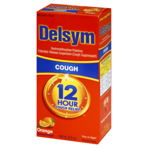 Other Information: Store at 68-77 degrees F (20-25 degrees C); each 5 ml contains: sodium 7 mg; dosing cup provided. Misc: Dextromethorphan Polistirex Extended-Release Suspension (Cough Suppressant). Alcohol-free. Questions? 1-888-963-3382. You may also report side effects to this phone number. Also available in grape flavor. Please visit our web site: www.delsym.com. Parents: Learn about teen medicine abuse. www.StopMedicineAbuse.org. Dosing cup included. Contains no fever reducer or pain reliever.