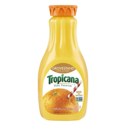 Pure premium. 110 calories per 8 fl oz serving. Non GMO Project Verified. Nongmoproject.org. Pasteurized. Never from concentrate. Contains orange juice from US and Brazil. Settling is natural. Questions or comments? call 1-800-237-7799.