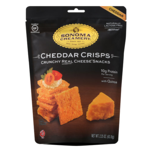 Crunchy real cheese snacks. 10 g protein per serving. Certified Gluten-free. Naturally lactose free. Vegetarian. Since 1931. Quality. Heritage. Innovation. rBST free (No significant difference has been shown between milk derived from rBST-treated and non rBST-treated cows). With quinoa. Made with real cheese. Sonoma Creamery Cheddar Crisps are baked, never fried and naturally lactose free. We use rBST-free (No significant difference has been shown between milk derived from rBST-treated and non rBST-treated cows) Natural cheddar cheese made with milk completely free of artificial hormones. Then we bake it with a sprinkling of certified gluten-free ancient grains-quinoa, oat bran and brown rice - into thin, crunchy, cheesy crisps. Artificial hormone free. 100% natural. Made with milk from cows not treated with artificial hormones (No significant difference has been shown between milk derived from rBST-treated and non rBST-treated cows). www.sonomacreamery.com. Facebook. Twitter. Instagram. Made in Sonoma, California Wine Country - Since 1931.