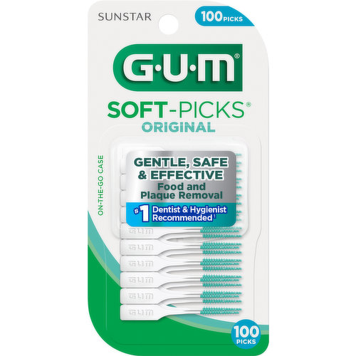 On-the-go case. Gentle, safe & effective. Food and plaque removal. No. 1 dentist & hygienist recommended (Pick brand, SDM data, Q4, 2018). Cleans between your teeth for improved oral health. Soft, flexible rubber bristles slide between teeth for gentle, safe and effective for gentle, safe and effective food and plaque removal (Clinical data on file, DOF-0016). Helps keep gums healthy - comfortable bristles massage and stimulate gums. Gently removes the plaque that causes gingivitis. Convenient case makes it easy to use on-the-go. Safe for orthodontics, implants, bridges or crowns. Not made with natural rubber latex. Look for the distinctively shaped Soft-Picks handle. This is Sunstar's trademark and your assurance of brand quality. GUMbrand.com. Made in Germany.