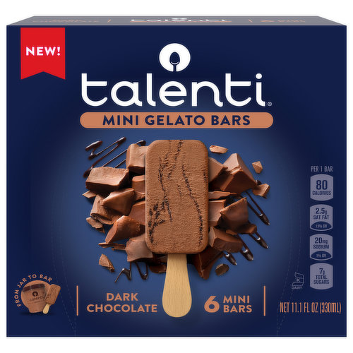 Dark Chocolate with a Twist! For this recipe, we blend sustainably sourced cocoa with milk and sugar to create a rich dark chocolate gelato. We then add a hint of coffee - just enough to enhance the chocolate notes for a perfectly sophisticated chocolate flavor. There are only 80 calories per Talenti Dark Chocolate Mini Gelato Bar, making it the perfect guilt-free treat. This delicious mini gelato dessert bar is perfect for when you're looking for a dark chocolate treat with a twist. At Talenti, we believe the best process and ingredients result in delicious gelato and sorbetto. That's why we source the highest-quality ingredients from all around the world, including cocoa powder from 100% West African cocoa beans. And because we don't add extra air into the product, you'll enjoy a richer flavor with a denser consistency. In addition to Gelato flavors, Talenti has Dairy-Free Sorbettos, Organic Gelato and Gelato Layers -- 5 layers of the ultimate indulgence. All our products are made with non-GMO sourced ingredients which have been evaluated by Where Food Comes From, Inc., and adhere to our Non-GMO Sourced Standards. Discover your next mini indulgence. Flavors that you know and love now in mini bars that let you enjoy your favorite gelato on the go!