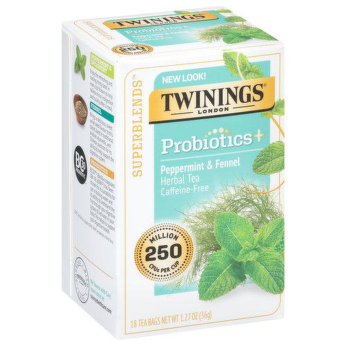 Twinings Superblends Herbal Tea, Caffeine Free, Peppermint & Fennel, Probiotics, Tea Bags