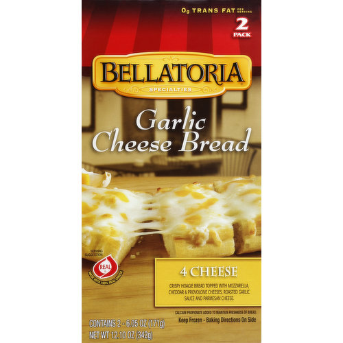Crispy hoagie bread topped with mozzarella, cheddar & provolone cheeses, roasted garlic sauce and parmesan cheese. 0 g trans fat per serving. Made with 100% real cheese. Calcium propionate added to maintain freshness of bread. A Product of: Bernatello's. www.Bernatellos.com. www.BellatoriaPizza.com.