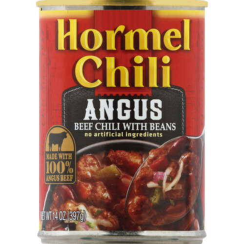 Beef chili with beans. Made with 100% angus beef. No artificial ingredients. No preservatives added. US inspected and passed by Department of Agriculture. Fine chili since 1935. Visit www.hormel.com. Steel. Please recycle.