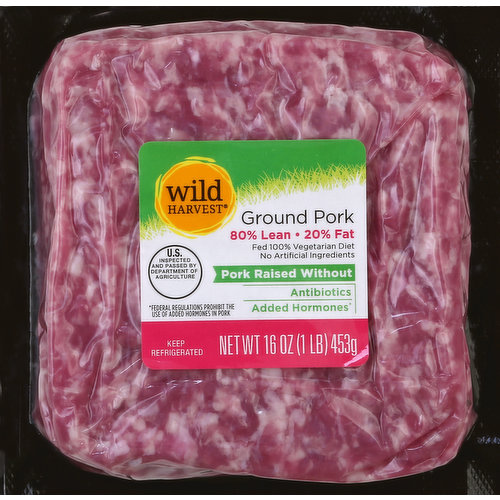 20% fat. Fed 100% vegetarian diet. No artificial ingredients. Pork raised without antibiotics; added hormones (Federal regulations prohibit the use of added hormones in pork). US inspected and passed by Department of Agriculture. 80% lean/20% fat. Contact us at 1-877-932-7948, or www.supervalu-ourownbrands.com. Gluten free. Live Free with Wild Harvest: Wild Harvest pork is a complete selection of products that are sourced from responsible farmers and raised without antibiotics and added hormones (Federal regulations prohibit the use of added hormones in pork). Fed a 100% vegetarian diet, no artificial ingredients, and minimally processed, Wild Harvest pork is pure and simple and supports your family's active lifestyle.