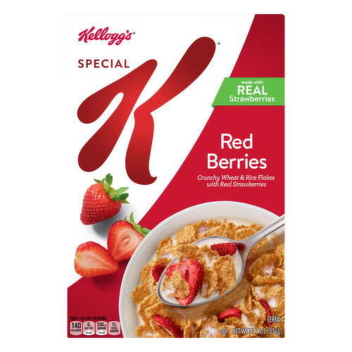 Crunchy wheat & rice flakes with real strawberries. Per 1-1/4 Cup Serving: 140 calories; 0 g sat fat (0% DV); 250 mg sodium (11% DV); 11 g total sugars. 50%+ Whole Grain: 50% or more per serving. WholeGrainsCouncil.org. 50% or more of the grain is whole grain.  Made with real strawberries. Keep it simple. Keep it. Eat Well: From easy meal ideas to simple food swaps - Everything you need to know about enjoying simple and healthy recipes with real ingredients that taste great. Move More: Whether you're looking to start-or refresh-a regular exercise routine, try these easy real-world ways to get more activity into your day. Feel Good: From being mindful during the workday to turning your bedroom into a sleep sanctuary, find ways to stress less and enjoy life more. Live Easy: Streamline your morning routine. Organize your work desk. Declutter your home. Get totally doable strategies for hacking daily life. This package is sold by weight, not volume some settling of content may have occurred during shipment and handling. BCTGM: Bakery Confectionery Tobacco Workers & Grain Millers. kelloggs.com. how2recycle.info. Kellogg's Family Rewards: Learn more at kfr.com. Connect with keepitk.com. Open camera or QR reader & scan code. Experience a whole new way to connect with Special K! Simply scan the code above to unlock a breadth of health and wellness hacks, videos and more to help you stay motivated and well-informed. Questions or comments? Visit kelloggs.com call 1-800-962-1413. Provide production code on package. Certified 100% recycled paperboard.