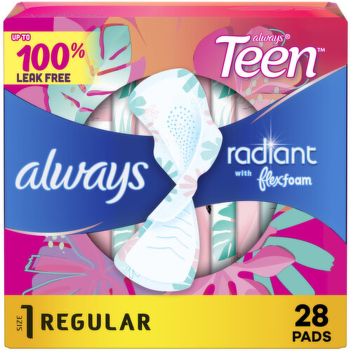 Always Radiant Always Radiant Teen Pads, Size 1, Regular, with Wings, 28 CT