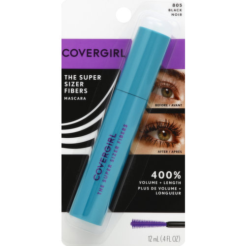 400% volume + length. Fiber-length formula. The Super Sizer Fibers mascara gives you full, fanned out lashes plus length. Formula contains built-in fibers for a false lash extension effect. Lash styler finds and transforms even small lashes. Ophthalmologically tested. Suitable for contact lens wearers. covergirl.com. Made in USA of US & imported parts.