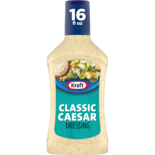 Kraft Classic Caesar Dressing has a savory flavor that your family trusts and loves. This pre-mixed dressing arrives ready for use with a quick shake. Made with premium-quality ingredients, this classic Caesar dressing lets you make the perfect salad. There are no artificial colors or flavors, and each serving has 120 calories. Made from a tangy blend of oil, vinegar, dried garlic and Parmesan and Romano cheese, this creamy dressing leaves your mouth bursting with flavor. Use Krafts specially blended Caesar dressing to prepare saucy chicken Italiano for dinner, or enjoy a decadent and creamy Caesar salad. All you need is the lettuce and croutons and youve got the perfect side for your weeknight meals. This 16 fluid ounce bottle of Caesar dressing has a clear exterior, so you're able to easily monitor how much dressing remains. Each squeezable dressing bottle comes with a convenient applicator top so you can add the perfect amount to all your favorite dishes.