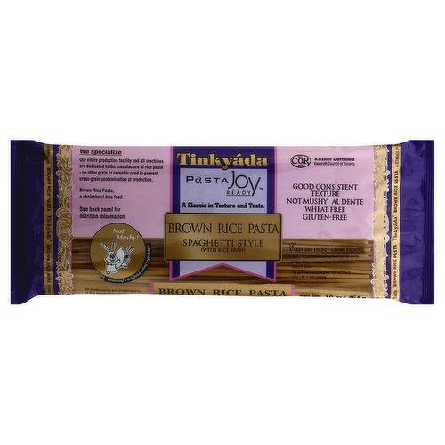 We specialize. Our entire production facility and all machines are dedicated to the manufacture of rice pasta - no other grain or cereal is used to prevent cross-grain contamination at production. Brown Rice Pasta, a cholesterol free food. See back panel for nutrition information. Not mushy! Promising a delightful eating experience. A classic in texture and taste. With rice bran. Kosher Certified. Kashruth Council of Toronto. Good consistent texture. Al dente. Wheat free. Gluten-free. No preservatives added. This pasta is made from quality rice and formed to gourmet class. For years, our focus has been on making a pasta from rice that delivers an ultimate enjoyment of pasta. Rice does not contain gluten and is consumed by many that follow a gluten-free diet. To these many, it may be good to know that we specialize in making rice pastas. We do not make products from other grains or cereals. Joy! A rice pasta that cooks likes any regular pasta. Award-winning taste. Al dente and not mushy. Its texture, superb. Perfect for a light-tasting family meal, for serving your loved ones and guests who are sure to appreciate, with joy! Please visit our web-site for more information and some delicious recipes. www.ricepasta.com. www.tinkyada.com. 1-888-323-2388. Where quality improvement is continuing function. Made in Canada.