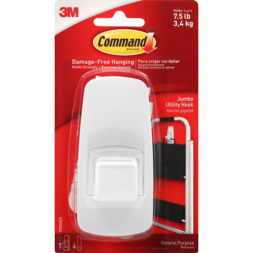 Holds 7.5 lb (3.4 kg). Damage-free hanging. Holds strongly - removes cleanly. Limited Warranty and Limitation of Liability (for product sold in USA): This product will be free from manufacturing defects. If defective, your exclusive remedy shall be, at 3M's option, product replacement or refund. 3M will not be liable for any loss or damage arising from this product, whether direct, indirect, special, incidental or consequential. command.com. Hook can be reused with Command Large Refill Strips. Hook made in Mexico. Strips made in USA.
