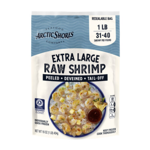 Arctic Shores Extra Large Frozen Raw Shrimp, Peeled, Deveined, Tail Off, 31/40