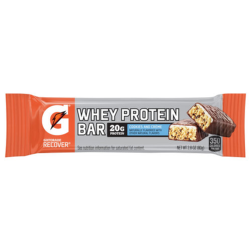 Naturally flavored with other natural flavors. 360 calories per bar. 20 g protein.  See nutrition information for saturated fat content. The protein bar provider. NFL. NHL. NBA. Protein to help muscles rebuild. gatorade.com. Comments? 1-800-884-2867 or visit gatorade.com. Made in Canada.