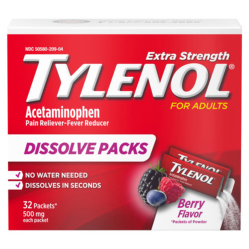 Tylenol Acetaminophen, Adults, Extra Strength, 500 mg, Packets, Berry Flavor
